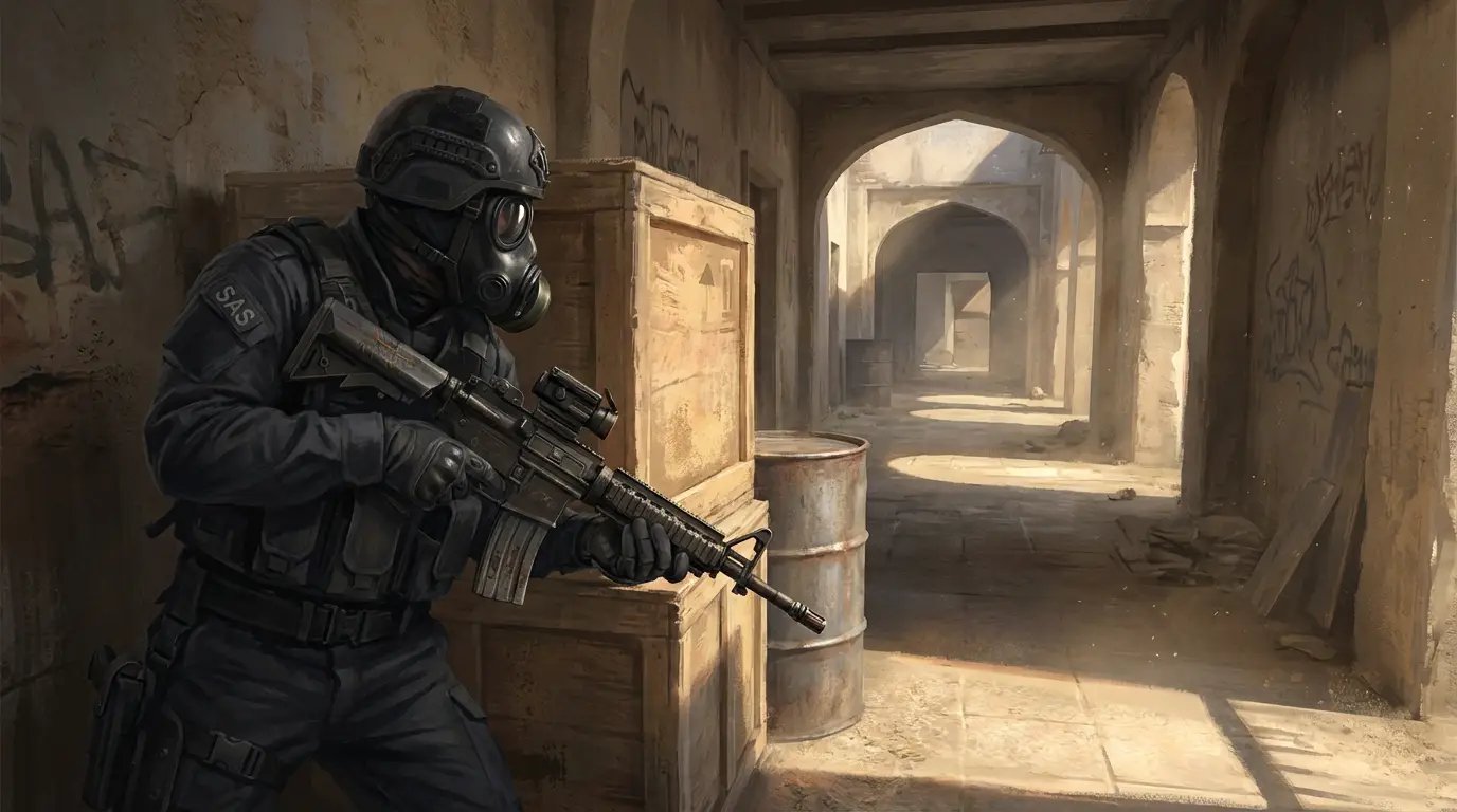 A CT throwing a flashbang over the wall on Mirage Mid