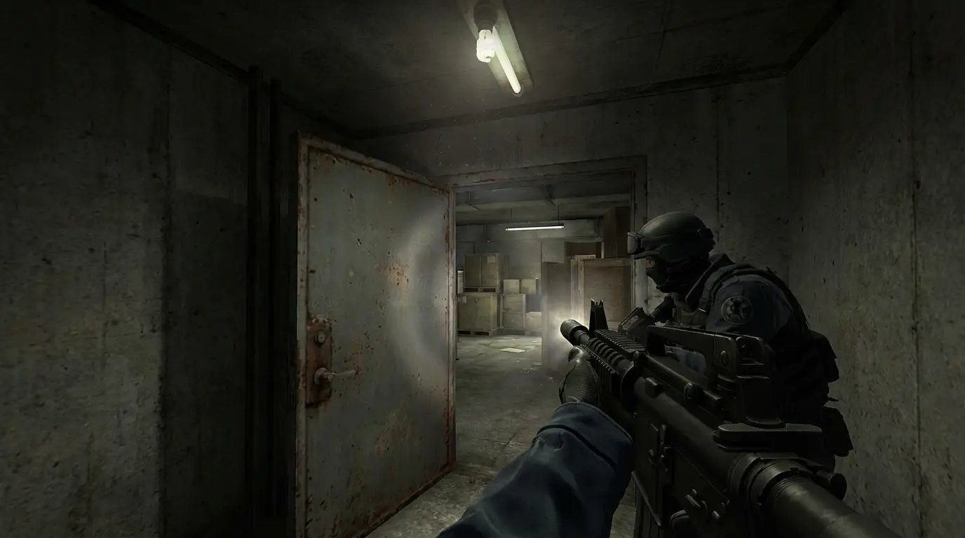 A CT sniper in a ghillie suit (fictional skin) blending into the foliage of Ancient